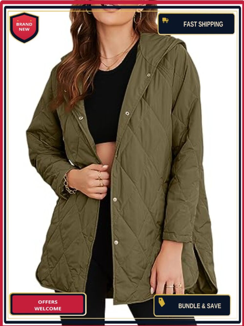 Women's Diamond Quilted Hooded Lightweight Jacket Button Down Long Sleeve